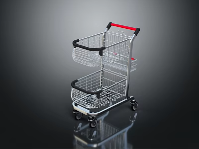 Metal Shopping Cart With Double Layer Wire Baskets Red Handle And Wheels 3d model
