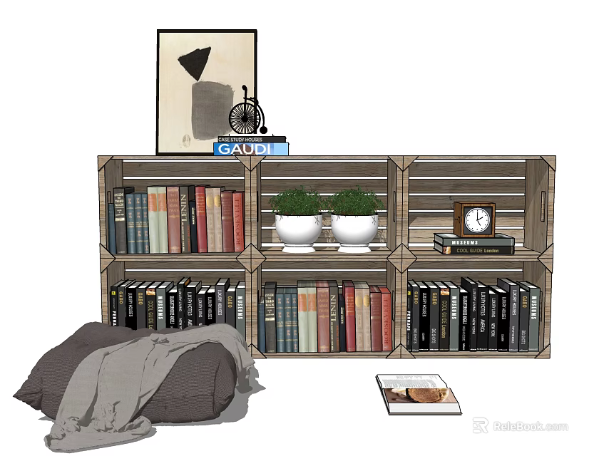 Wooden Open Bookshelf in Bedroom with Books Green Plants Clock and Decorative Painting 3d model 