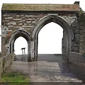 Ancient Ruined Architectural Structure With Archway Brick Walls Stone Path And Water