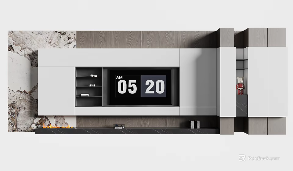 Modern TV Wall Unit With Cabinets Digital Clock And Decor 3d model