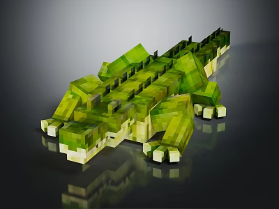 Pixel Art Crocodile Made Of Green And Yellow Blocks On Black Background With Reflection 3d model