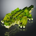 Pixel Art Crocodile Made Of Green And Yellow Blocks On Black Background With Reflection