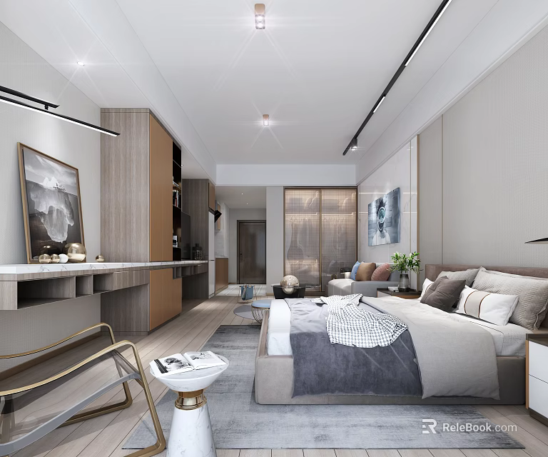 Modern Studio Apartment Interior With Bed Sofa Wooden Desk Artworks And Gray Tones Lighting 3d model 