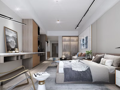 Modern Studio Apartment Interior With Bed Sofa Wooden Desk Artworks And Gray Tones Lighting 3d model