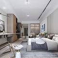 Modern Studio Apartment Interior With Bed Sofa Wooden Desk Artworks And Gray Tones Lighting