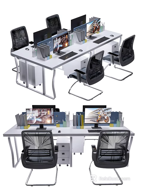 Modern Office Desk Setup With Computer Monitors Ergonomic Black Chairs And Books 3d model 