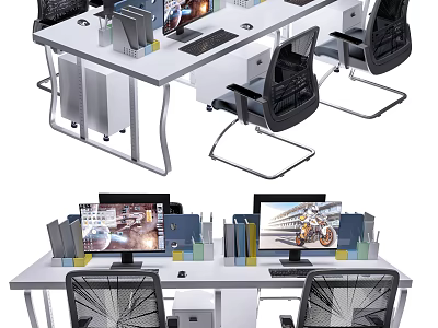 Modern Office Desk Setup With Computer Monitors Ergonomic Black Chairs And Books 3d model