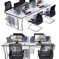 Modern Office Desk Setup With Computer Monitors Ergonomic Black Chairs And Books