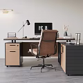 Modern Wood Tone Office Desk And Ergonomic Chair Combination With Practical Side Storage Cabinets