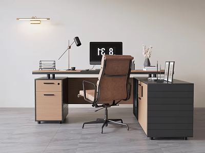 Modern Wood Tone Office Desk And Ergonomic Chair Combination With Practical Side Storage Cabinets 3d model