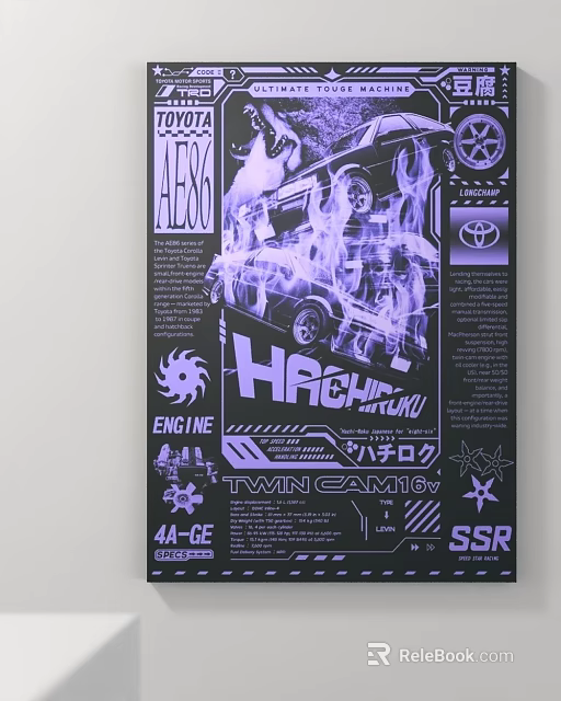 Toyota AE86 Hachiroku Poster Featuring TWIN CAM 16v 4A GE And SSR Elements 3d model 