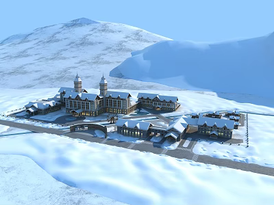 Scenic Snowy Mountain Hotel Architecture With Traditional Design And Snow Covered Rooftops 3d model