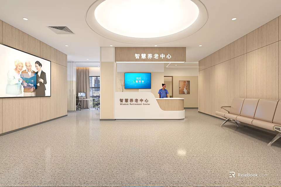 Smart Elderly Care Center Lobby With Reception Desk Staff And Comfortable Sofa Seats 3d model 