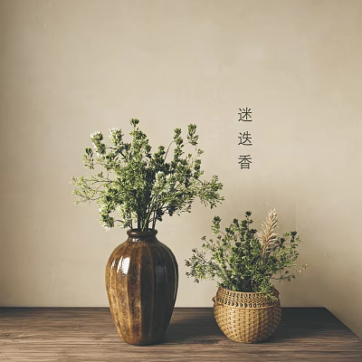 Decorative Clay Vase And Wicker Basket With Fresh Green Plants On Table 3d model