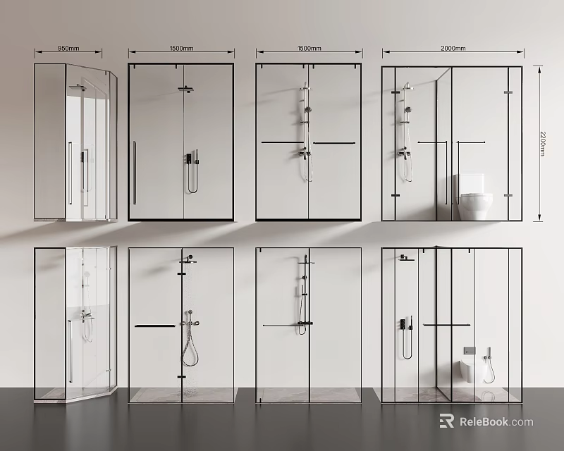 Modern Shower Head Designs With Glass Enclosure And Multiple Spray Configurations 3d model 