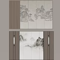 Traditional Chinese TV Cabinet Interior Design With Landscape Painting Panels And Wooden Frame Lighting