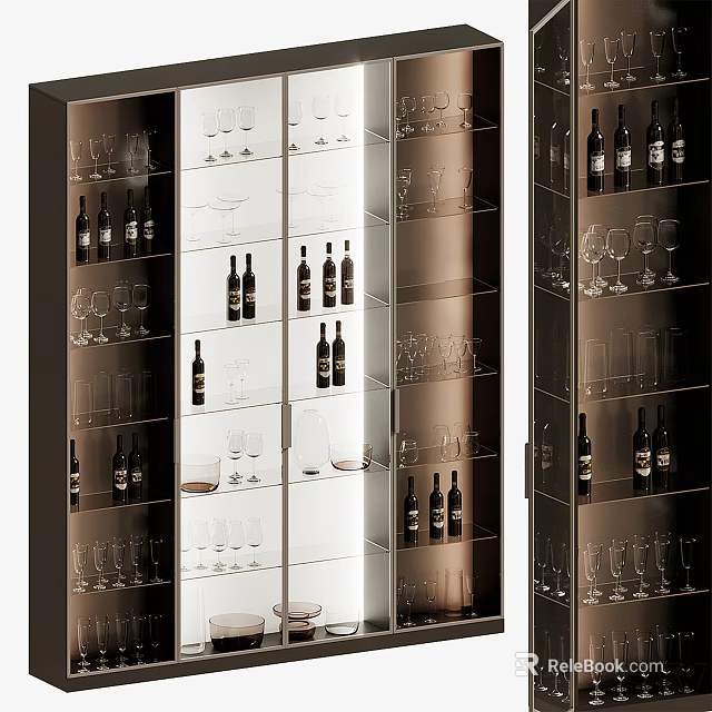 Modern Wine Cabinet With Glass Doors And Shelves For Wine Bottles And Glasses 3d model 