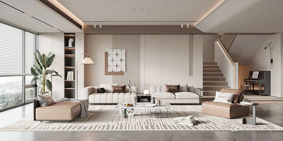 Modern Living Room Featuring White Sofas Beige Armchairs Glass Coffee Tables Geometric Rug And Plant 3d model 