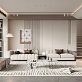 Modern Living Room Featuring White Sofas Beige Armchairs Glass Coffee Tables Geometric Rug And Plant
