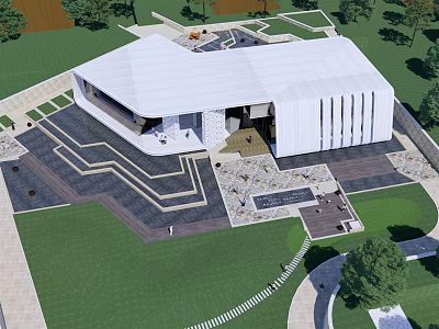 Modern Building Exterior With White Facade Geometric Roof Structure Surrounding Greenery And Courtyard Area 3d model