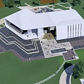 Modern Building Exterior With White Facade Geometric Roof Structure Surrounding Greenery And Courtyard Area