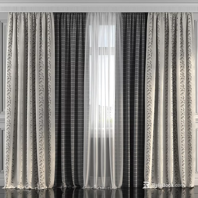 Elegant Curtains With Black And White Stripes And Sheer White Layer For Window 3d model 