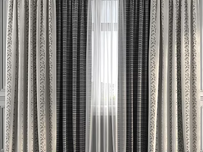 Elegant Curtains With Black And White Stripes And Sheer White Layer For Window 3d model