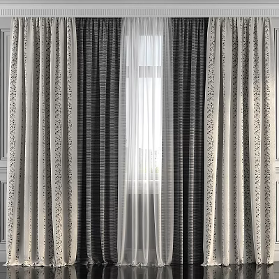 Elegant Curtains With Black And White Stripes And Sheer White Layer For Window 3d model