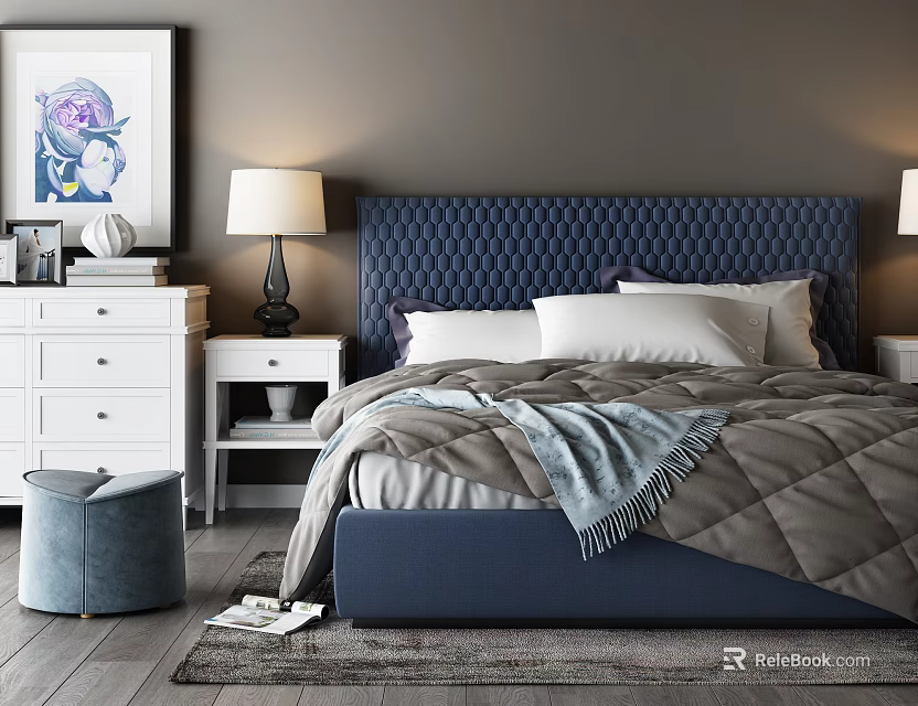 Double Bed With Blue Tufted Headboard Gray Quilt And Modern Bedroom Decor 3d model 