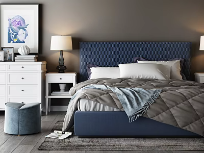 Double Bed With Blue Tufted Headboard Gray Quilt And Modern Bedroom Decor 3d model