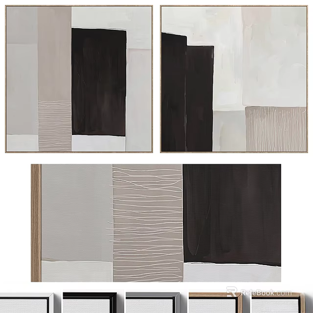 Minimalist Abstract Painting With Black White Beige Tones Textured Lines And Shapes 3d model 