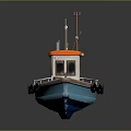 Small Boat With Orange Roof White Cabin Blue Hull Black Tires And Red Green Lights