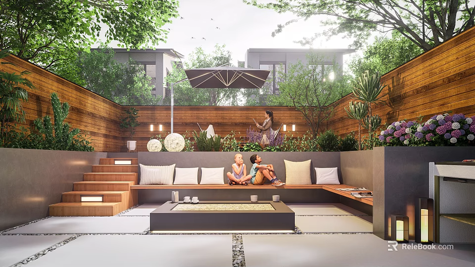 Cozy Courtyard Garden With People Sitting On Bench Umbrella Lights Green Plants And Wooden Fence 3d model 