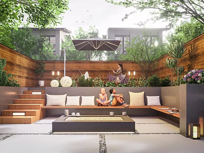 Cozy Courtyard Garden With People Sitting On Bench Umbrella Lights Green Plants And Wooden Fence 3d model