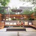 Cozy Courtyard Garden With People Sitting On Bench Umbrella Lights Green Plants And Wooden Fence