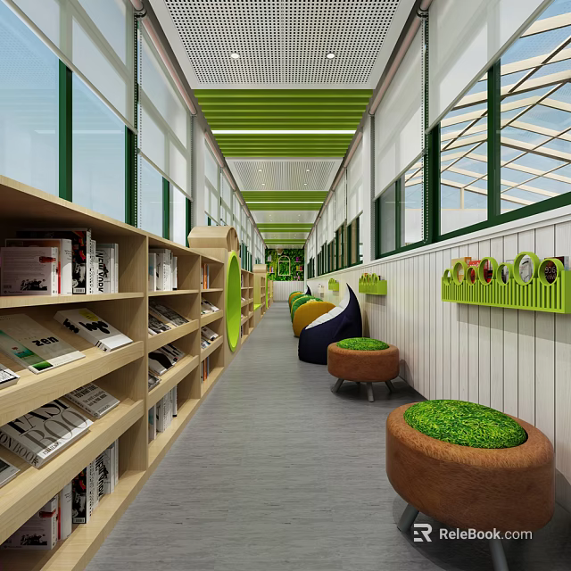 Modern Elevator Hallway With Wooden Bookshelves Green Round Seats And Windows 3d model 