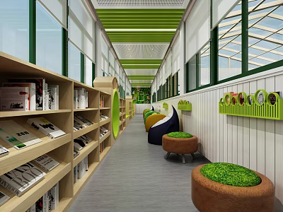 Modern Elevator Hallway With Wooden Bookshelves Green Round Seats And Windows 3d model