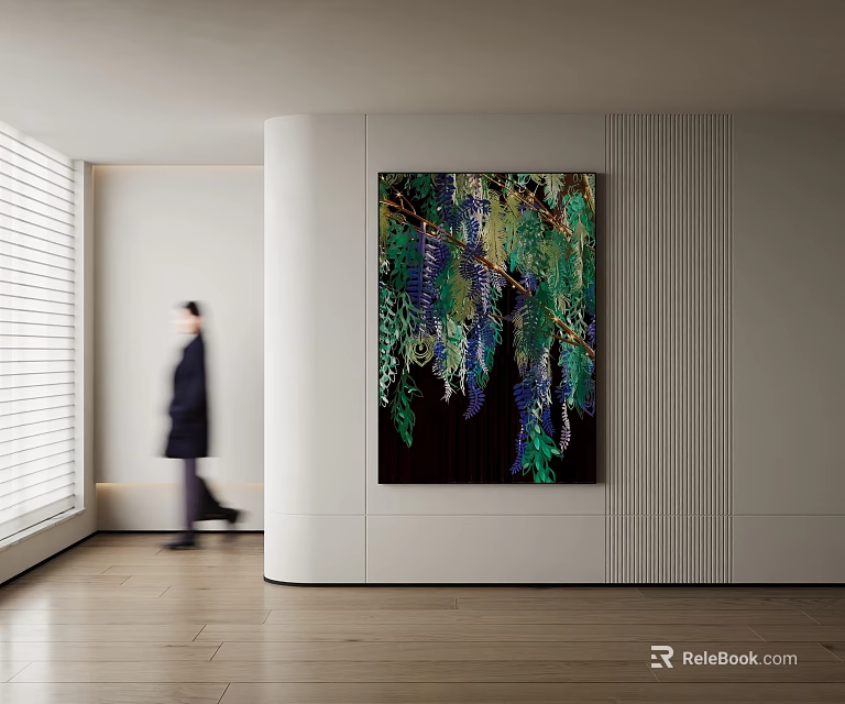 Modern Indoor Scene With Colorful Plant Painting Purple Green Vines White Wall And Wooden Floor 3d model 