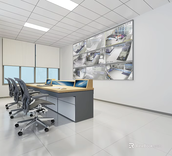 Modern Monitoring Room Interior Featuring Large Surveillance Screens Computer Monitors And Office Chairs 3d model 