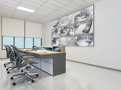 Modern Monitoring Room Interior Featuring Large Surveillance Screens Computer Monitors And Office Chairs 3d model