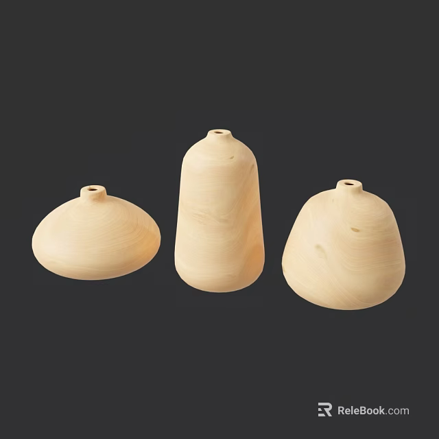 Three Light Colored Decorative Wooden Vases With Different Shapes On Dark Background 3d model