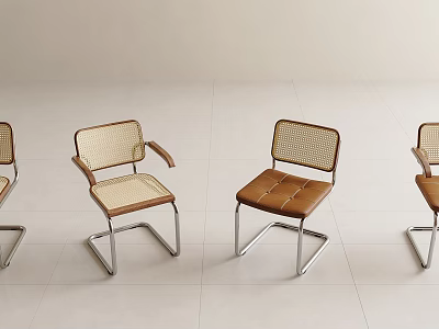 Modern Minimalist Dining Chairs With Metal Frame Woven Backrest And Leather Seat 3d model
