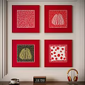 Four Abstract Paintings With Red Frames And Various Abstract Patterns On Wall 3d model