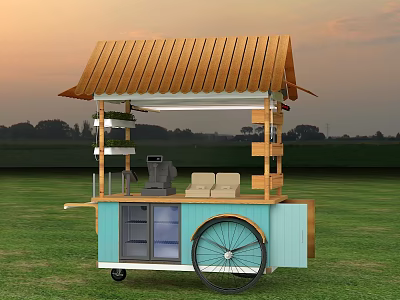Interaction Area Featuring Mobile Food Cart With Wooden Roof Blue Body On Grass 3d model