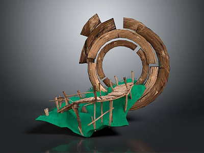 Wooden Circular Ring Structure Design With Wooden Bridge And Green Grass 3d model