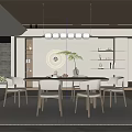 Modern Restaurant Interior With Round Dining Table Light-colored Chairs Hanging Lights And Circular Decor 3d model