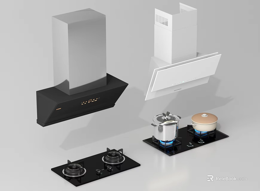 Modern Kitchen Appliances With Black White Range Hoods And Gas Stoves 3d model 
