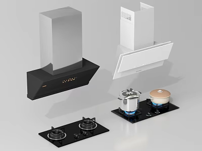 Modern Kitchen Appliances With Black White Range Hoods And Gas Stoves 3d model