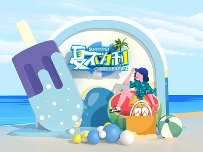 Cool Summer Beach Scene With Ice Cream Girl And Colorful Beach Balls 3d model