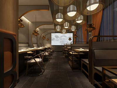 Elegant Restaurant Interior With Hanging Lanterns Wooden Tables And Comfortable Seats 3d model